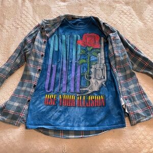 Guns N Roses Graphic Tee w/ Plaid Flannel Shirt Combo Set GNR Blue Size M